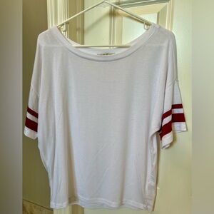 Express One Eleven oversized tee in white with red contrast sleeves. Size XS.